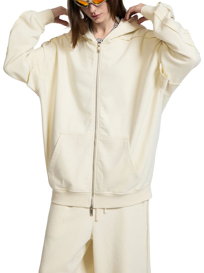 Contrast Tape Raw Edge Double Layered Zip Hoodie