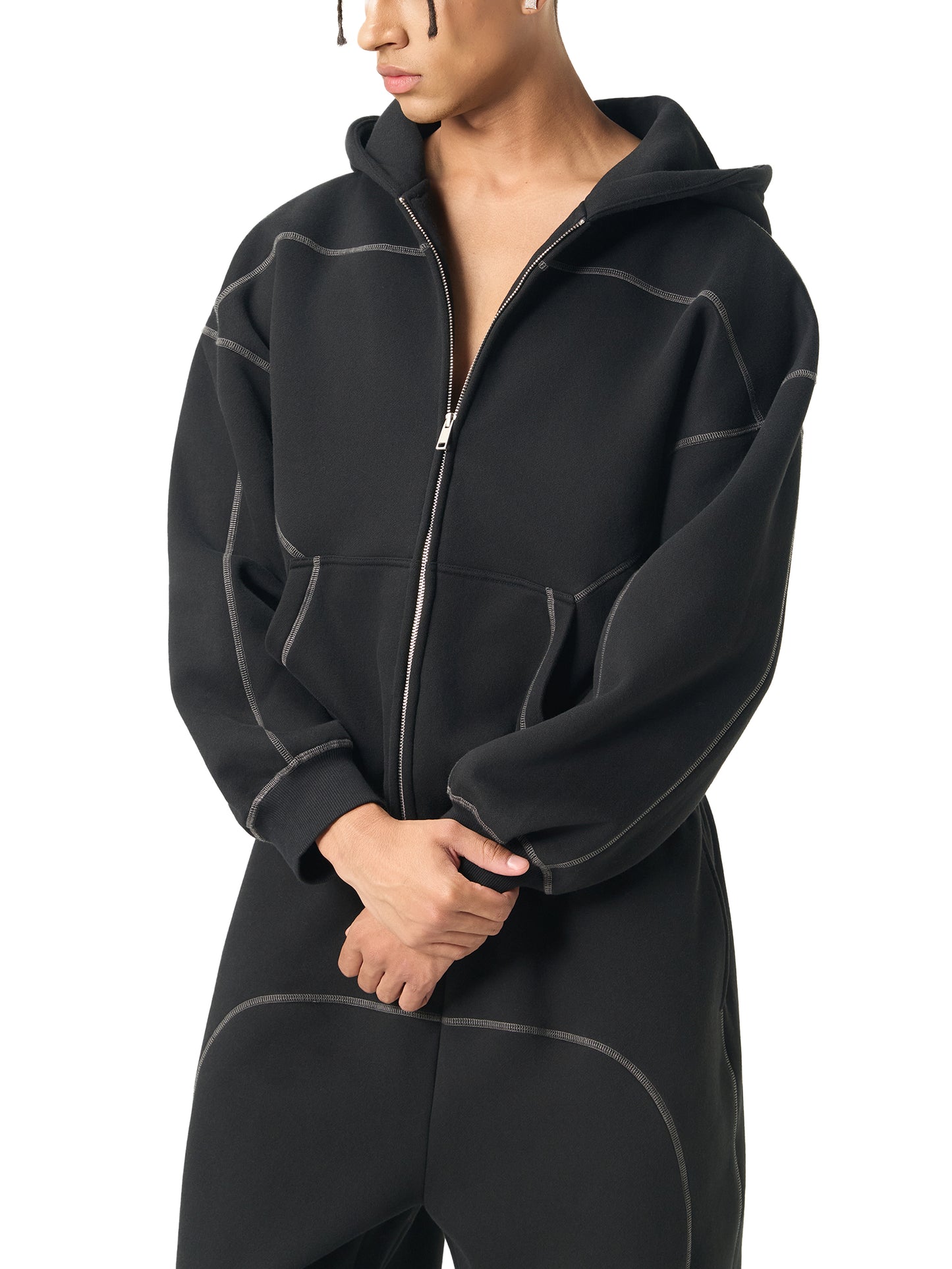 Contrast-Stitched Boxy Fleece Hoodie